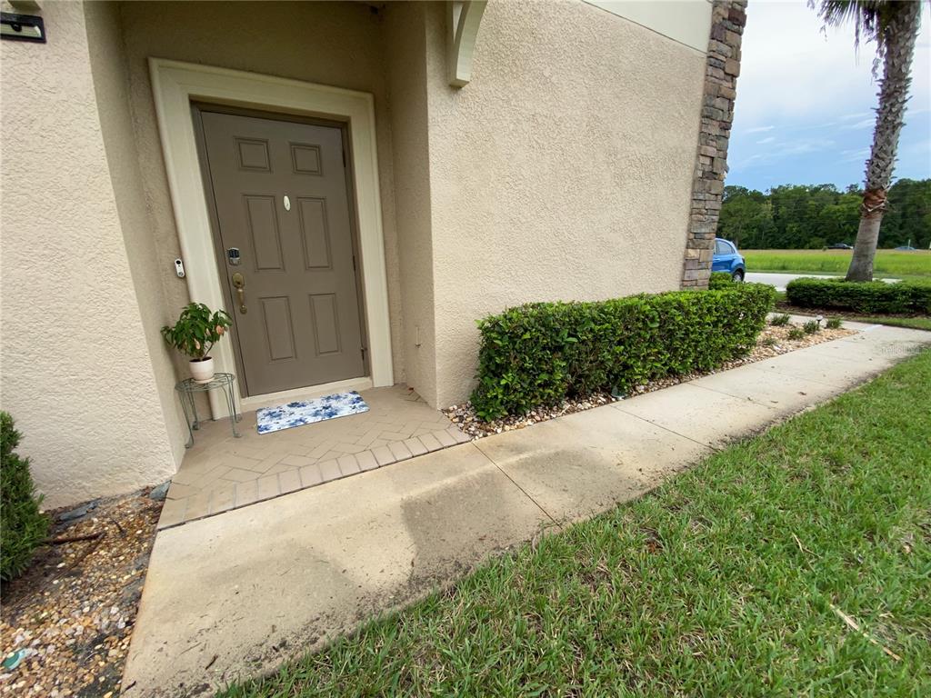 A tan stucco building exterior features a brown front door, a small plant, and landscaping — 13733 ROSETTE ROAD, HUDSON, FL