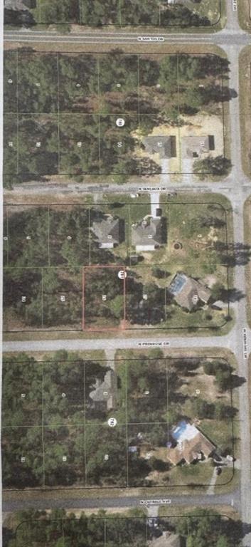 This aerial map shows a vacant residential lot outlined in red within a suburban neighborhood — 7800 N PRIMROSE DRIVE, CITRUS SPRINGS, FL