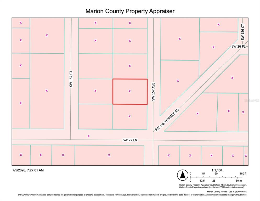 This is a property map showing land parcels and street layouts in Marion County, Florida — TBD SW 157TH AVE, OCALA, FL