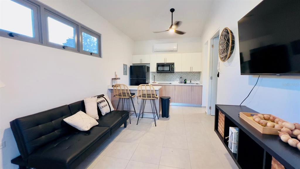 A small studio apartment features a black sofa, kitchen area, and a wall-mounted television — 3418 CALLE UROYUAN, RINCON, PR