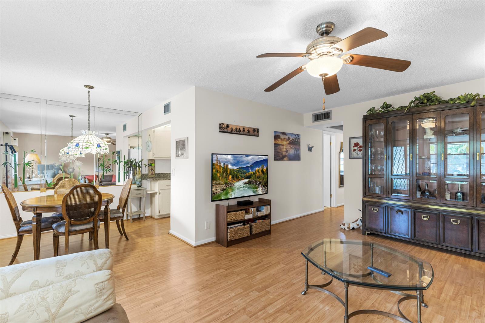 A living room with wood-look flooring, a ceiling fan, a television, and a china cabinet — 266 Ventnor S, Deerfield Beach FL 33442, DEERFIELD BEACH, FL