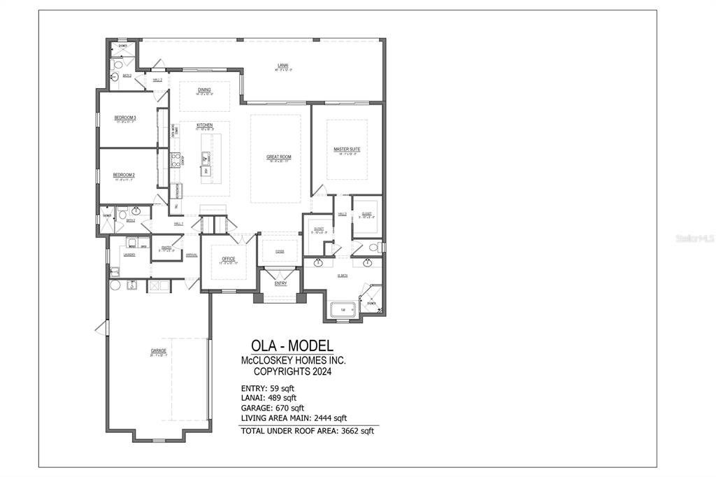 This is a floor plan for a single-story residential home with a three-car garage — 3430 LAKE DIANE ROAD, TAVARES, FL
