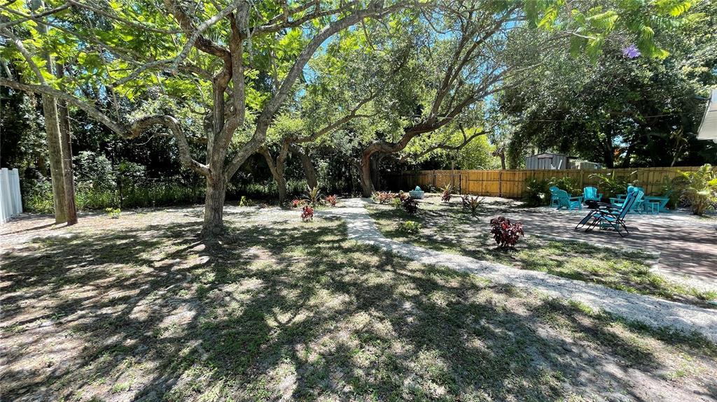A backyard features a gravel path, mature trees, a wooden fence, and blue patio chairs — 2504 S MILMAR DRIVE, SARASOTA, FL