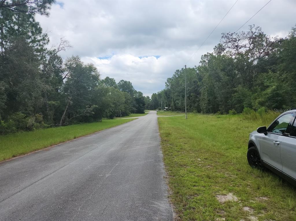 A paved road stretches through a wooded area with a car parked on the right — lot 24 SW 89TH CIRCLE, OCALA, FL