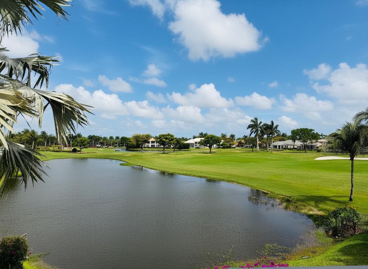 A view of a golf course fairway with a pond in the foreground and houses — 17730 Scarsdale Way, Boca Raton FL 33496, BOCA RATON, FL