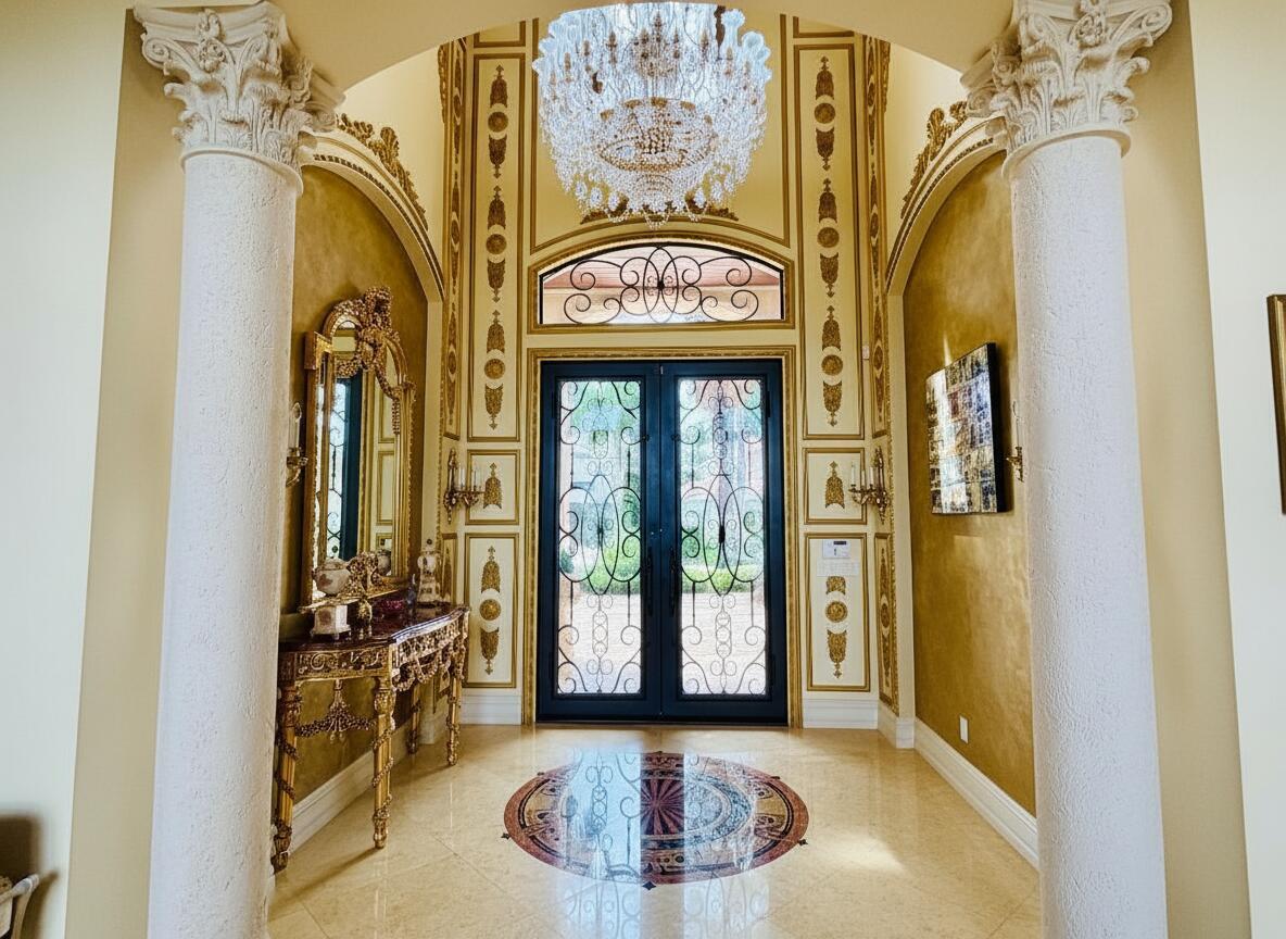 A grand foyer features two large columns, a crystal chandelier, and an ornate double door — 17730 Scarsdale Way, Boca Raton FL 33496, BOCA RATON, FL