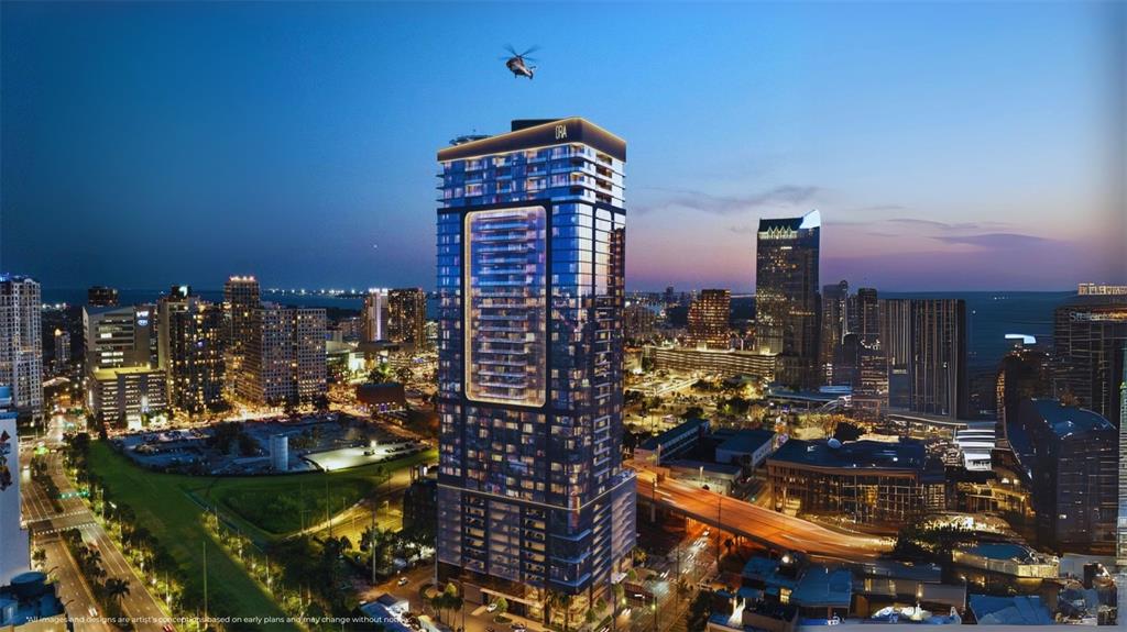 This architectural rendering shows a modern high-rise building at dusk with a helicopter flying above — 1101 E JACKSON STREET UNIT 3705, TAMPA, FL