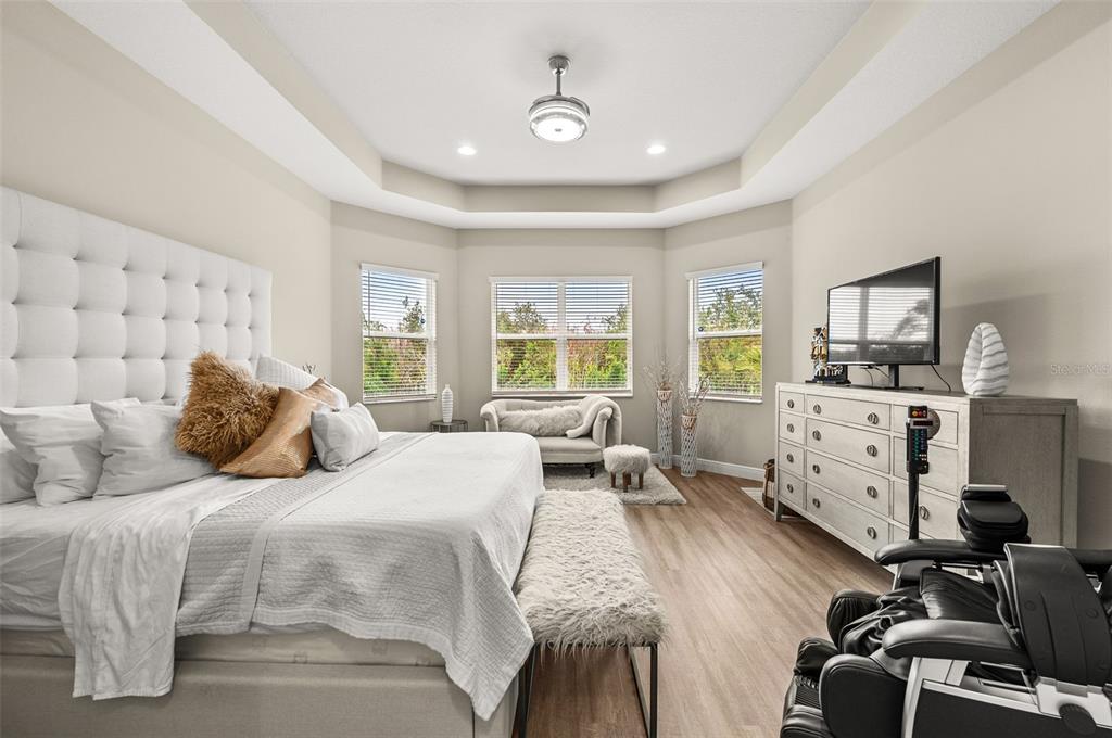 A bedroom with a tufted headboard, tray ceiling, wood-look flooring, and a massage chair — 30715 TUMBLEBERRY STREET, WESLEY CHAPEL, FL