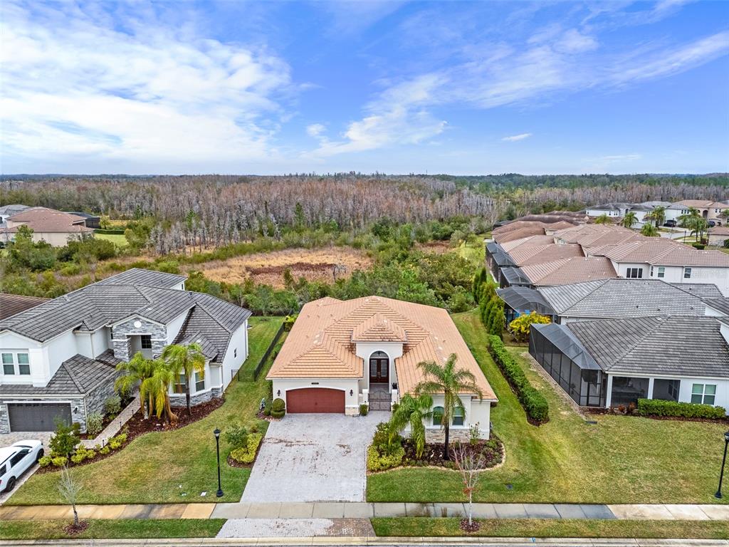 An aerial view of a suburban house with a tile roof and a paved driveway — 30715 TUMBLEBERRY STREET, WESLEY CHAPEL, FL