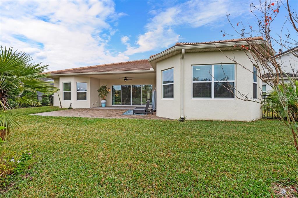 The exterior of a beige house features a paved patio, large windows, and a lawn — 30715 TUMBLEBERRY STREET, WESLEY CHAPEL, FL