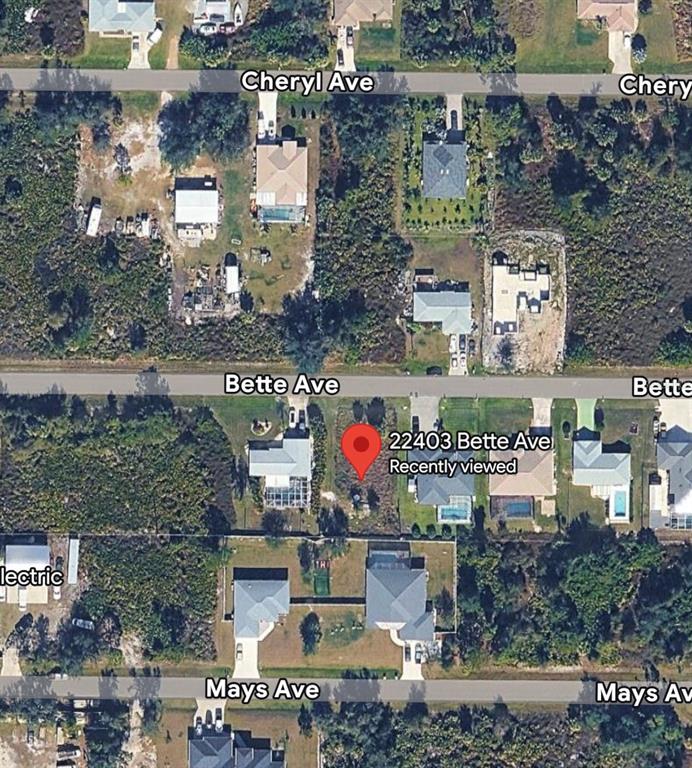 This is a satellite map view of a residential neighborhood with houses and streets — 22403 BETTE AVENUE, PORT CHARLOTTE, FL
