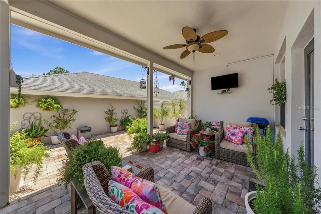 A covered patio features wicker furniture, a ceiling fan, a wall-mounted television, and potted plants — 9606 ROYCE DRIVE, TAMPA, FL