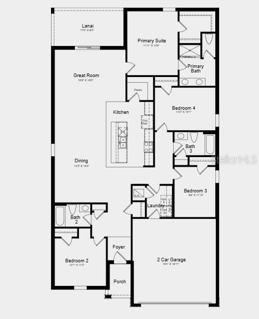 This floor plan shows a four-bedroom home with a two-car garage and a rear lanai — 5430 ISLA SAONA DRIVE, KISSIMMEE, FL