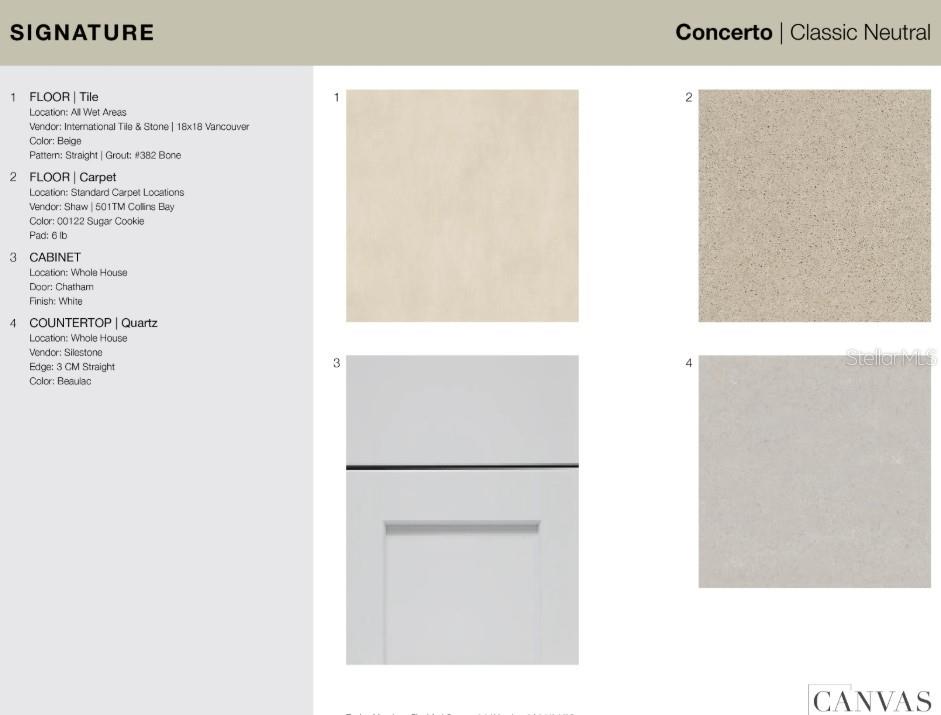 This design board displays samples of tile, carpet, white cabinetry, and quartz countertop finishes — 5430 ISLA SAONA DRIVE, KISSIMMEE, FL
