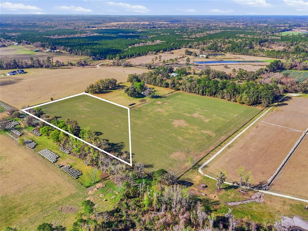 An aerial view shows a large, open grassy field outlined in white on a rural property — NW COUNTY RD 239, ALACHUA, FL