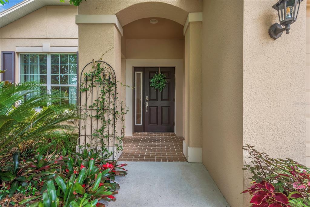 A front entryway features a dark brown door with a sidelight and a brick floor — 10859 BREAKING ROCKS DRIVE, TAMPA, FL