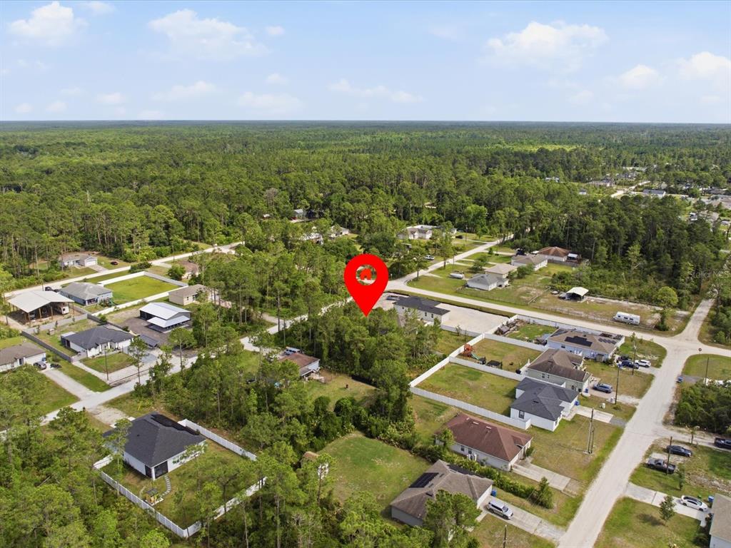 An aerial view shows a wooded residential lot marked with a red pin — 1340 EAST PARKWAY, DELAND, FL