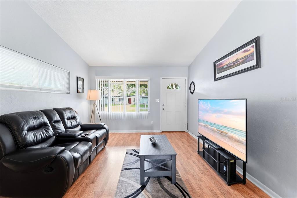 A living room features a black leather sofa, a coffee table, and a television — 123 E LAKE MARY DRIVE, ORLANDO, FL
