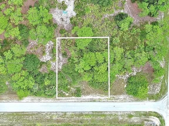 An aerial view shows a rectangular plot of land outlined in white beside a road — 1102 W 16TH STREET, LEHIGH ACRES, FL