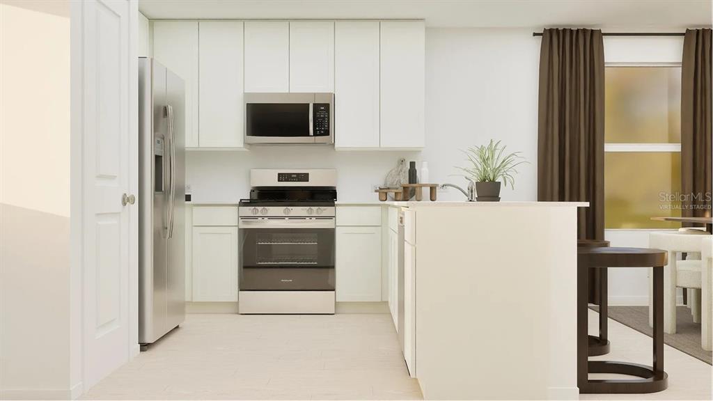 This is a virtually staged rendering of a modern kitchen with white cabinets and appliances — 7722 MARBLE STREET, GROVELAND, FL