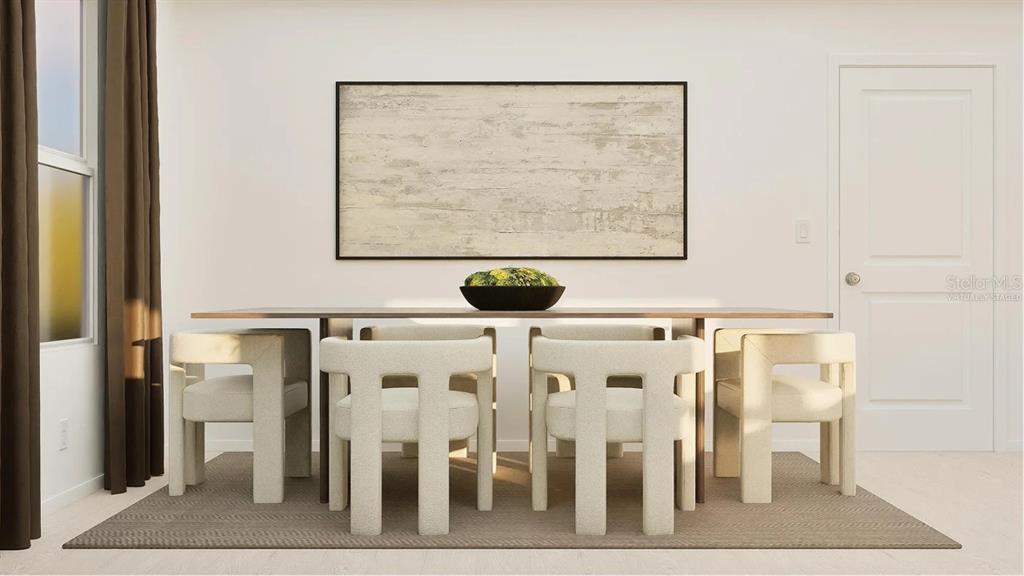This virtually staged dining room features a long table, four modern chairs, and wall art — 7722 MARBLE STREET, GROVELAND, FL