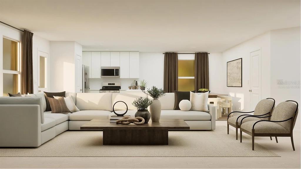 This is a virtual rendering of an open-concept living room and kitchen with neutral furniture — 7722 MARBLE STREET, GROVELAND, FL