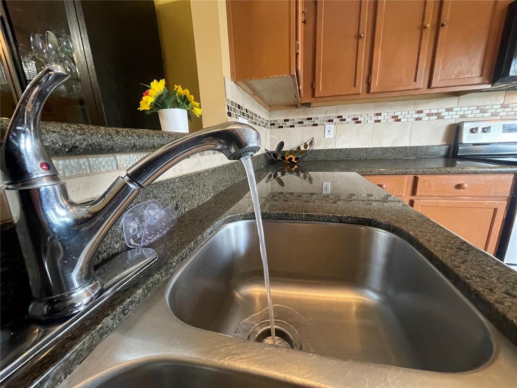 A kitchen sink with a chrome faucet and dark granite countertops sits below wooden cabinets — 3050 GOLDEN ROCK DRIVE, ORLANDO, FL