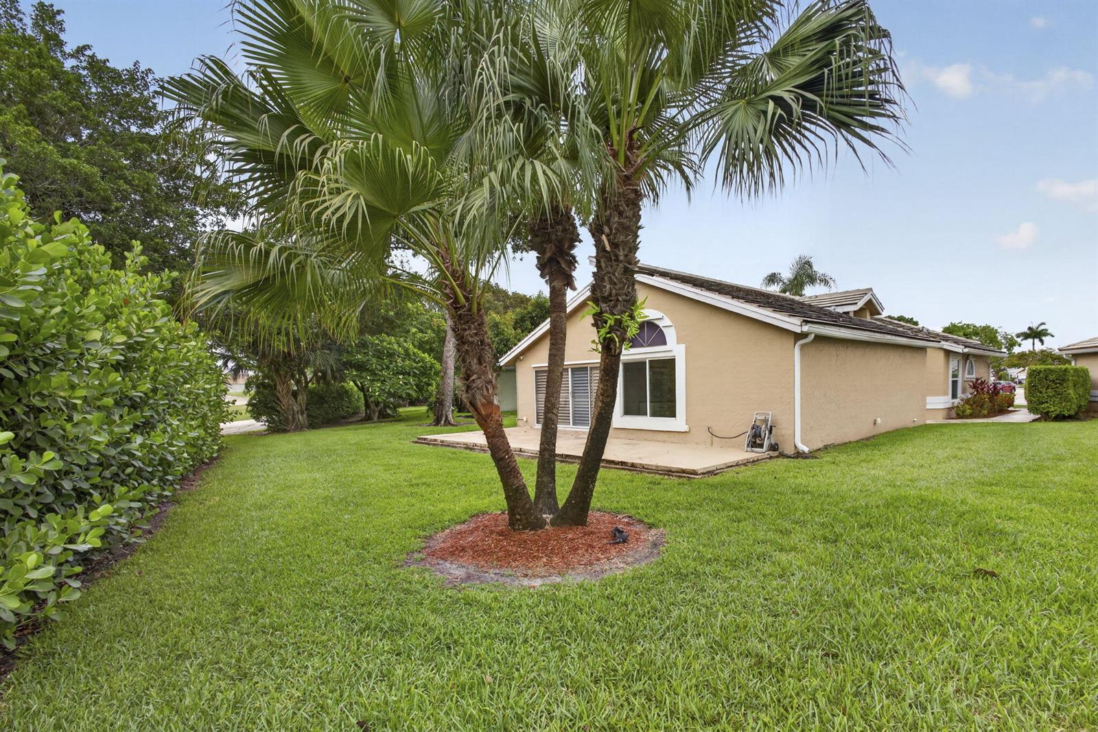 A tan house with a patio and a large palm tree in the backyard — 6064 Beaconwood Road, Lake Worth FL 33467, LAKE WORTH, FL