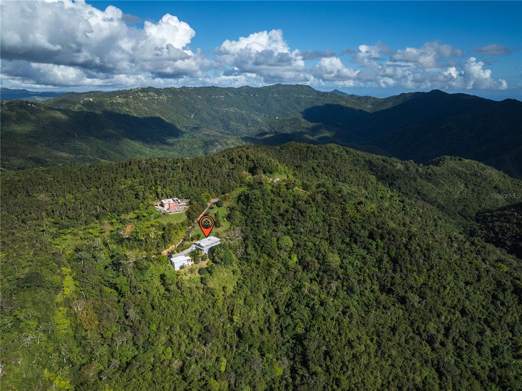 An aerial view shows two houses nestled on a lush, forested mountain hillside — Carretera 715 KILOMETRO 3.7, CAYEY, PR