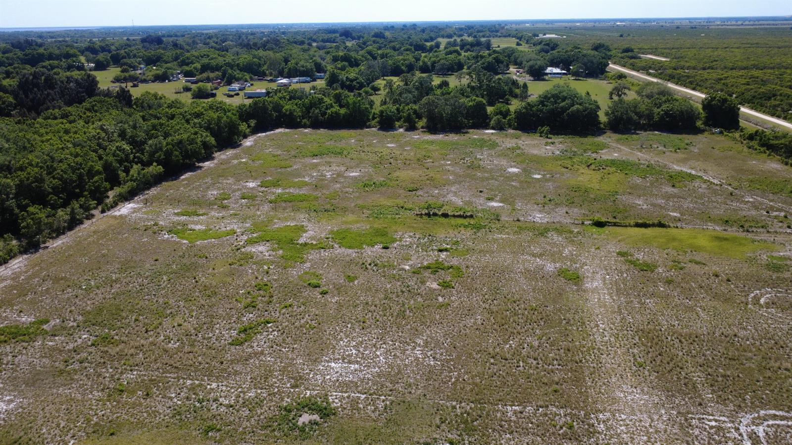 An aerial view shows a large, flat, grassy lot bordered by dense trees and brush — 2615 Bluff Hammock Road, FL 33857, FL