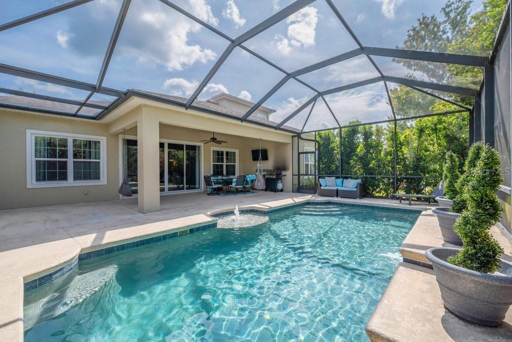 A screened-in patio features a swimming pool with a fountain and outdoor seating area — 15409 STARLING CROSSING DRIVE, LITHIA, FL