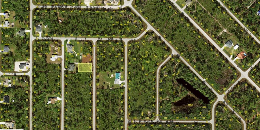 This is an aerial map showing a vacant residential lot highlighted in yellow — 3119 DWYER STREET, PORT CHARLOTTE, FL