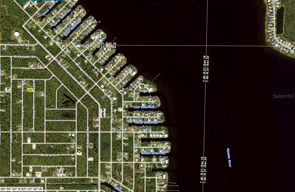 This is an aerial map showing residential lots and waterways along the Myakka River — 3119 DWYER STREET, PORT CHARLOTTE, FL