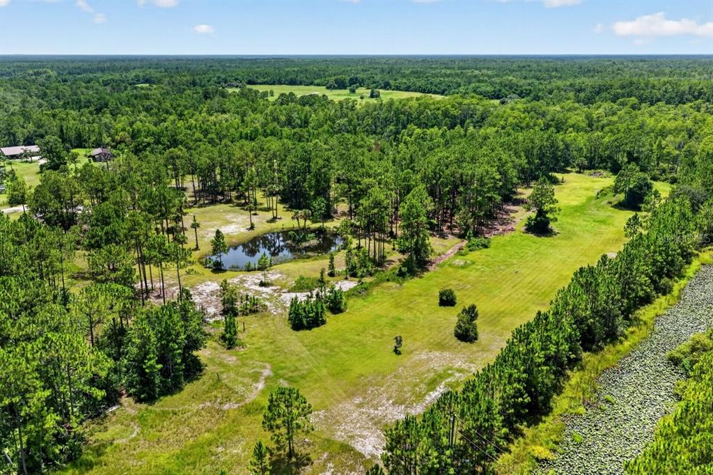 An aerial view shows a grassy field, a small pond, and surrounding pine forest — 0 TWIN LAKES ROAD, BUNNELL, FL