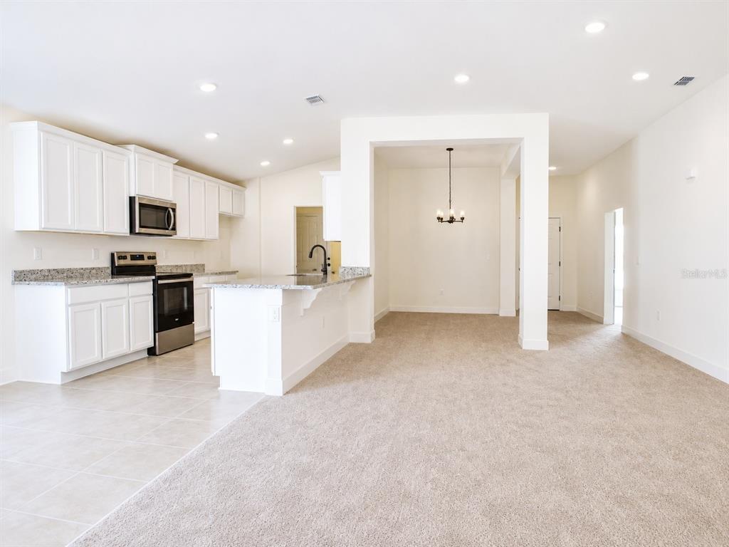 A kitchen with white cabinets and granite countertops opens to a carpeted dining area — 271 VERNY GROVE LANE, LEESBURG, FL