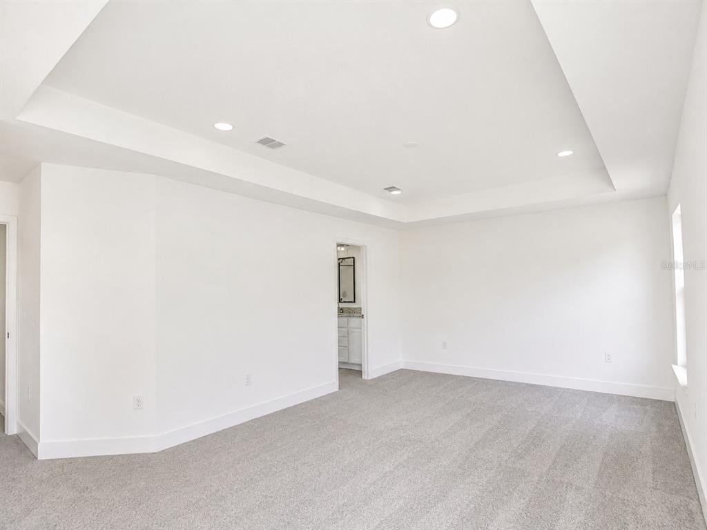 A spacious bedroom with white walls, gray carpet, and a tray ceiling with recessed lighting — 271 VERNY GROVE LANE, LEESBURG, FL