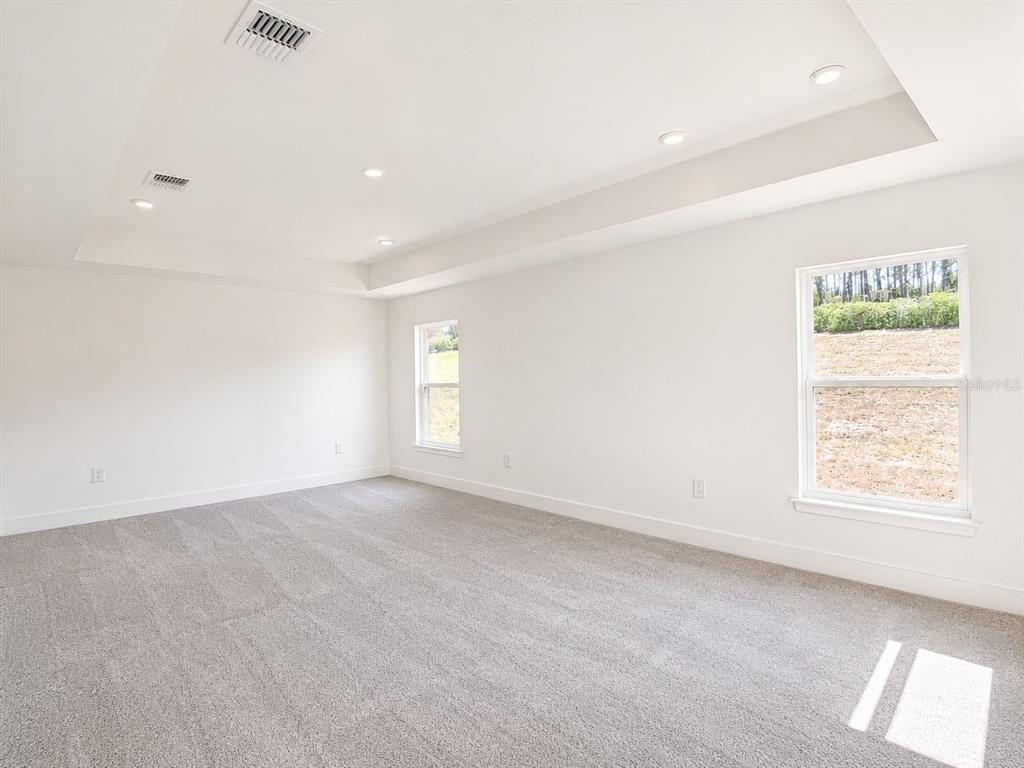 A carpeted room with a tray ceiling, recessed lighting, and two windows overlooking a yard — 271 VERNY GROVE LANE, LEESBURG, FL