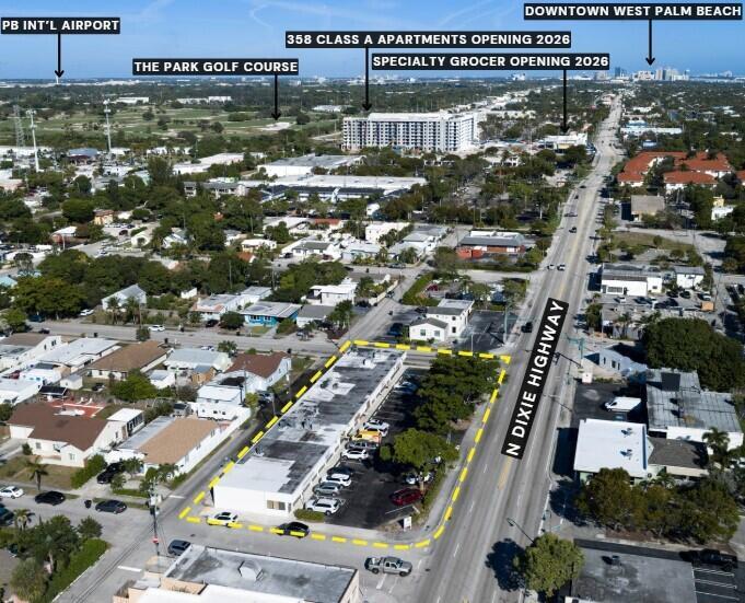 An aerial view shows a commercial property outlined in yellow along North Dixie Highway — 2101 N Dixie Highway # 2101, FL 33460, FL