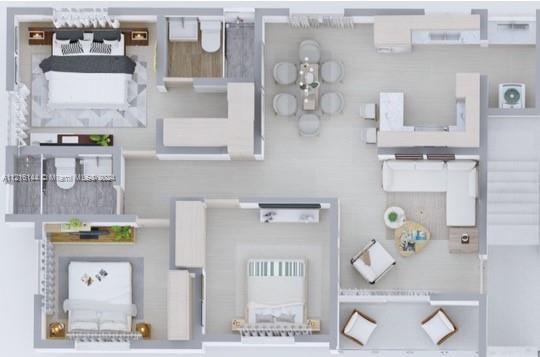 This is a 3D floor plan rendering of a three-bedroom apartment with an open-concept living area — Calle .. Esquina D-1 Villa Olimpica, Santiago # 2, DO, DO