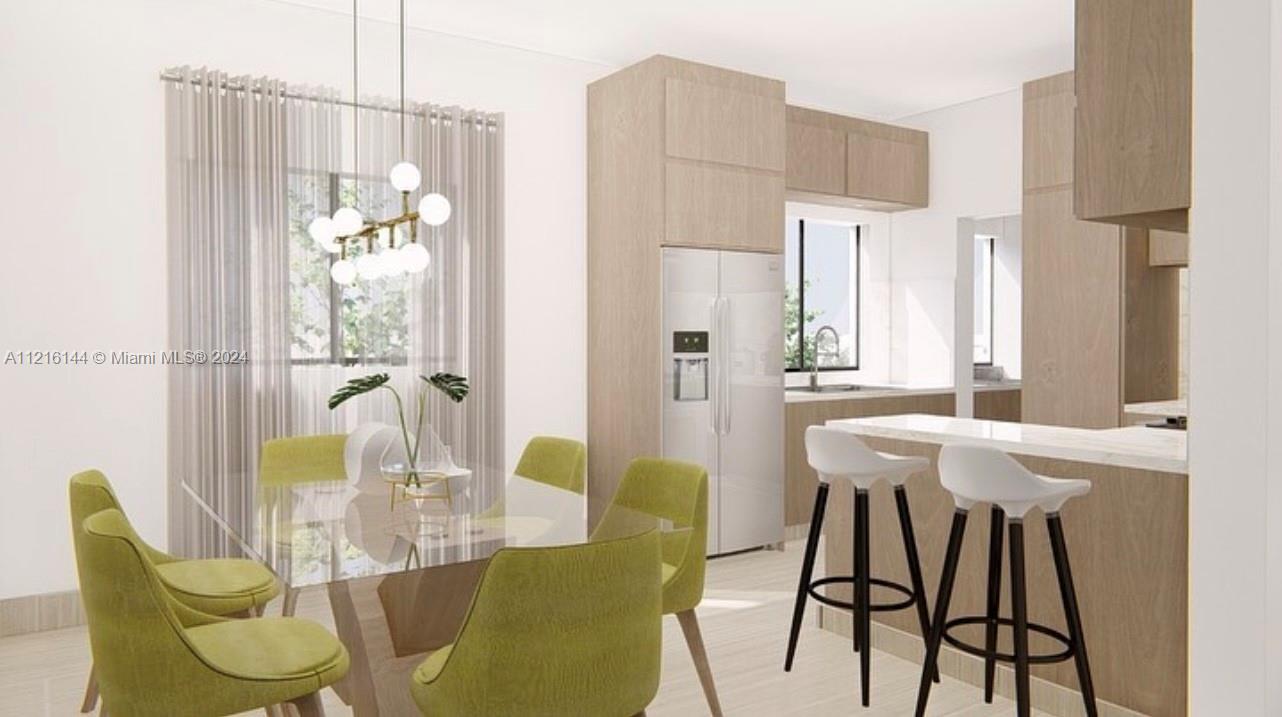 This rendering shows a modern dining area and kitchen with light wood cabinetry — Calle .. Esquina D-1 Villa Olimpica, Santiago # 2, DO, DO