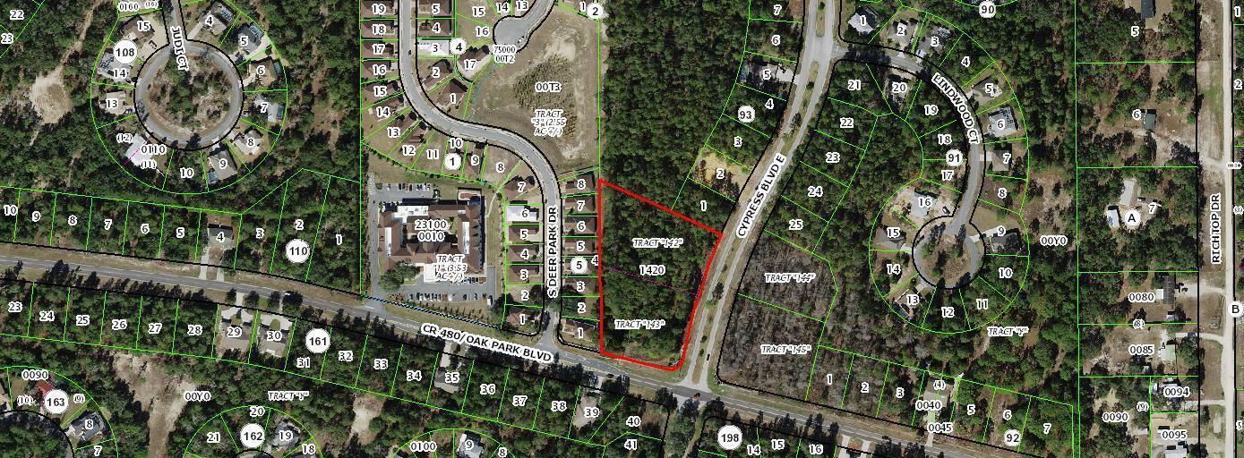 This is an aerial map showing a vacant lot outlined in red near a residential neighborhood — 203 Cypress Boulevard E, FL 34446, FL