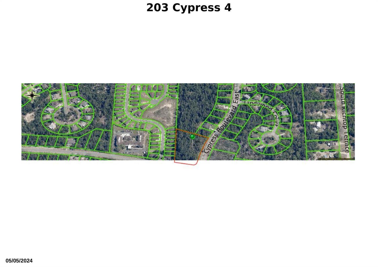 This is an aerial map showing property parcel boundaries overlaid on a residential neighborhood — 203 Cypress Boulevard E, FL 34446, FL