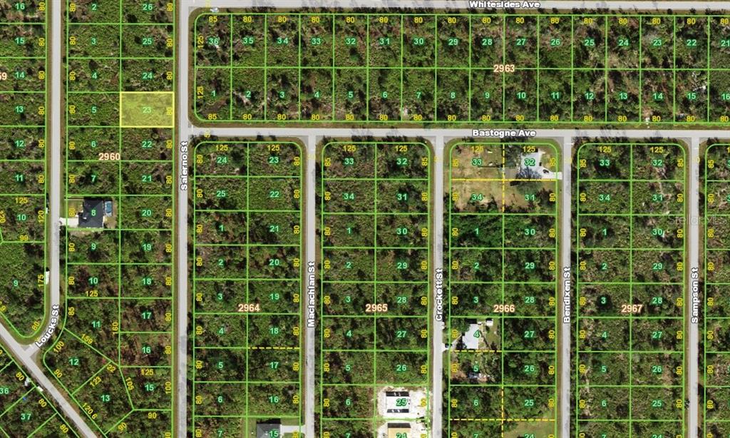This is a satellite map showing residential land parcels and street layouts — 2349 SALERNO STREET, PORT CHARLOTTE, FL