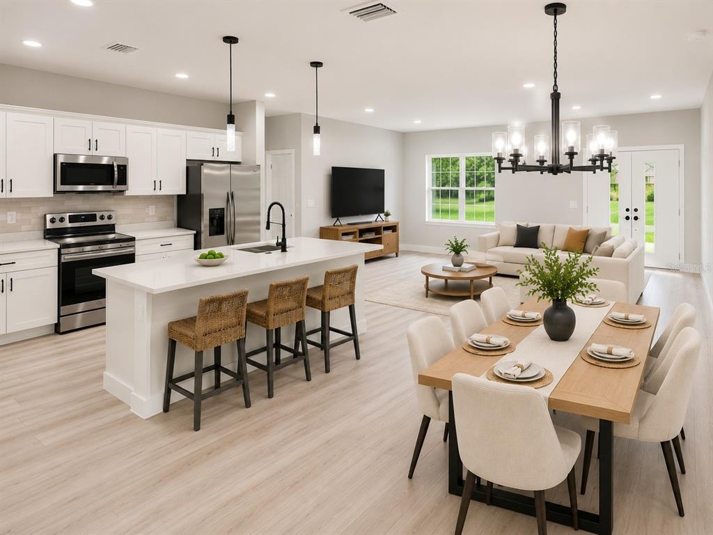 This is a digital rendering of an open-concept kitchen, dining area, and living room — 8106 N GALENA AVENUE, CITRUS SPRINGS, FL