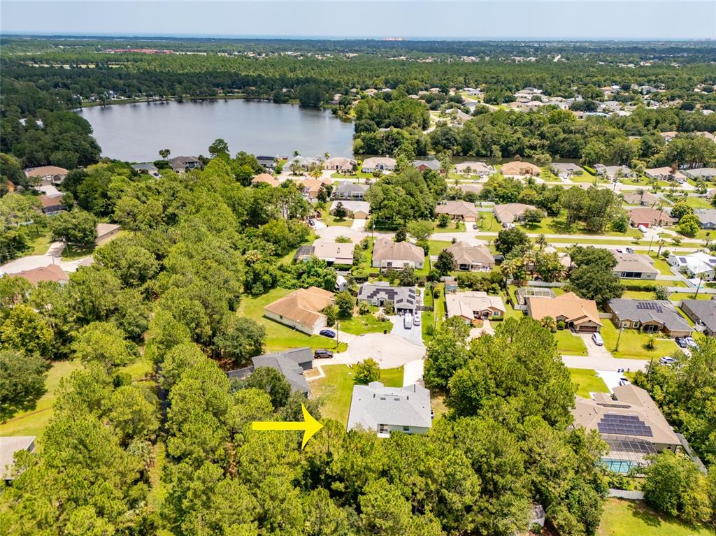 An aerial view shows a residential neighborhood with a house highlighted by a yellow arrow — 19 BURRELL PLACE, PALM COAST, FL