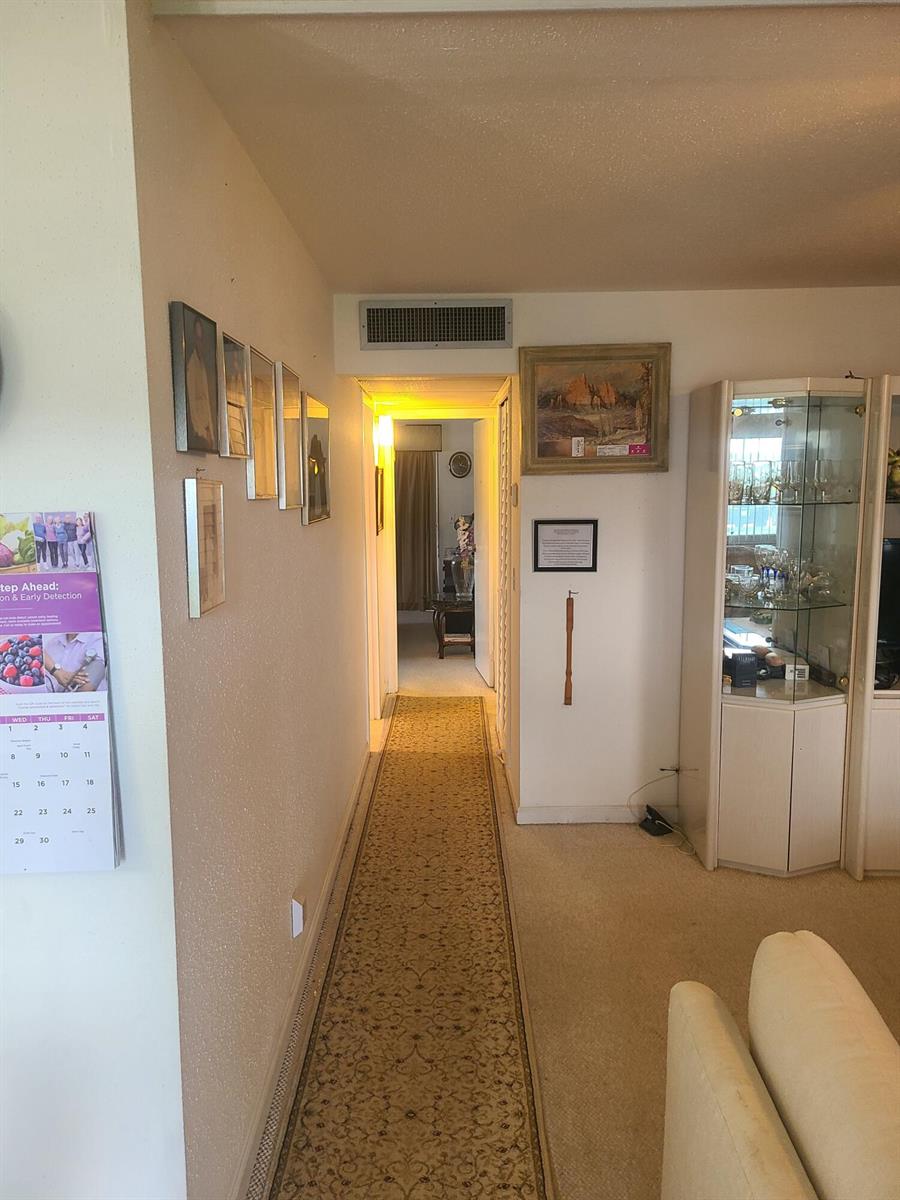 A hallway with a patterned runner rug leads from a living area toward a bedroom — 257 Brittany F # 257, Delray Beach FL 33446, DELRAY BEACH, FL