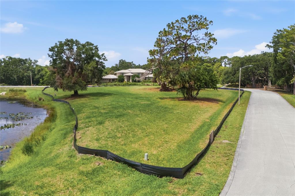 A grassy vacant lot sits beside a pond and a paved road with trees nearby — 520 AUSTIN DRIVE, TARPON SPRINGS, FL