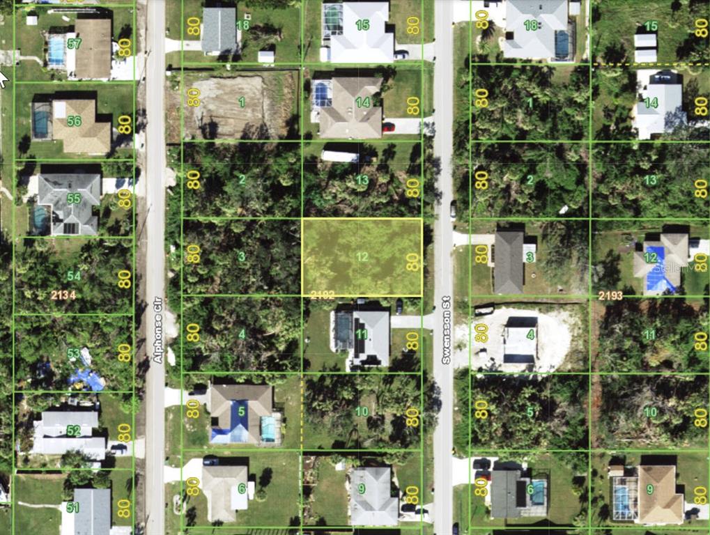 This is an aerial map showing residential lots and houses along Alphonse Circle and Swensson Street — 4225 SWENSSON STREET, PORT CHARLOTTE, FL