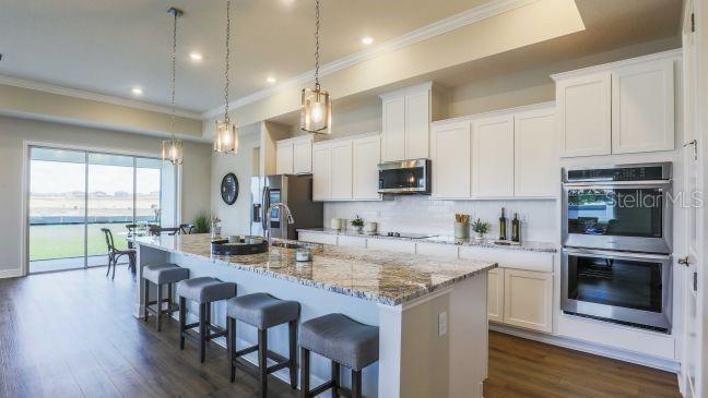A modern kitchen features white cabinetry, granite countertops, a large island, and stainless steel appliances — 30513 PRESTWICK AVENUE, SORRENTO, FL