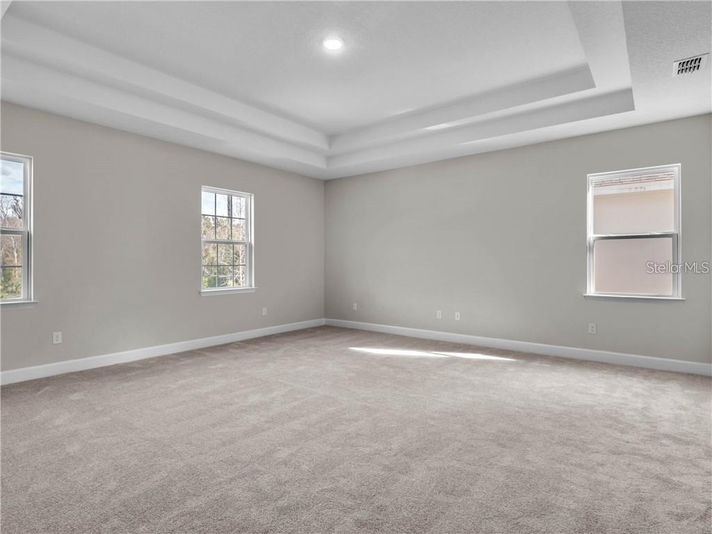 An empty bedroom features gray walls, carpeted flooring, and a tray ceiling — 913 TALON PLACE, WINTER SPRINGS, FL